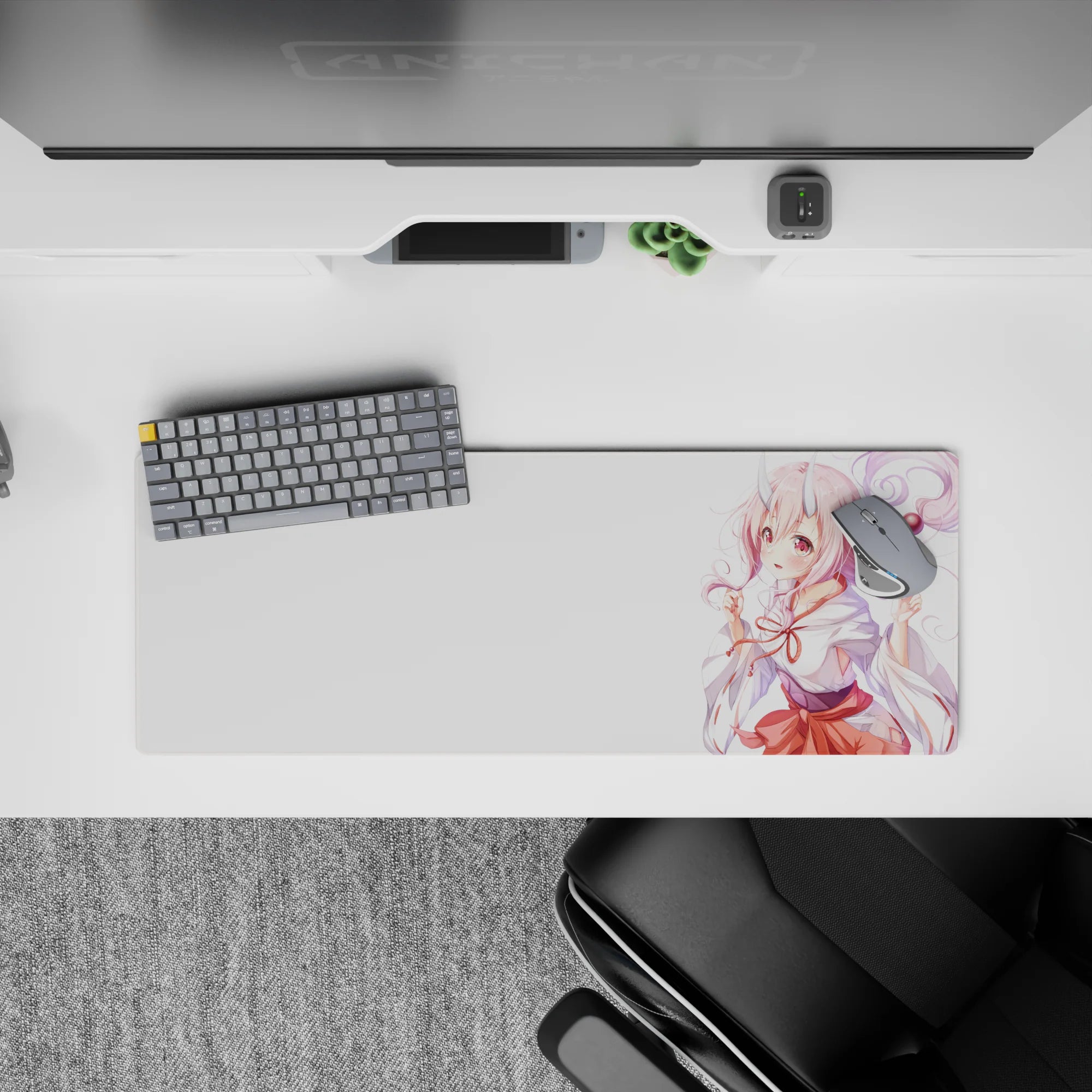 32x12 inches desk mat in soft pink and coral red, candy-floss curls, cozy cute anime vibe.