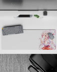 32x12 inches desk mat in soft pink and coral red, candy-floss curls, cozy cute anime vibe.