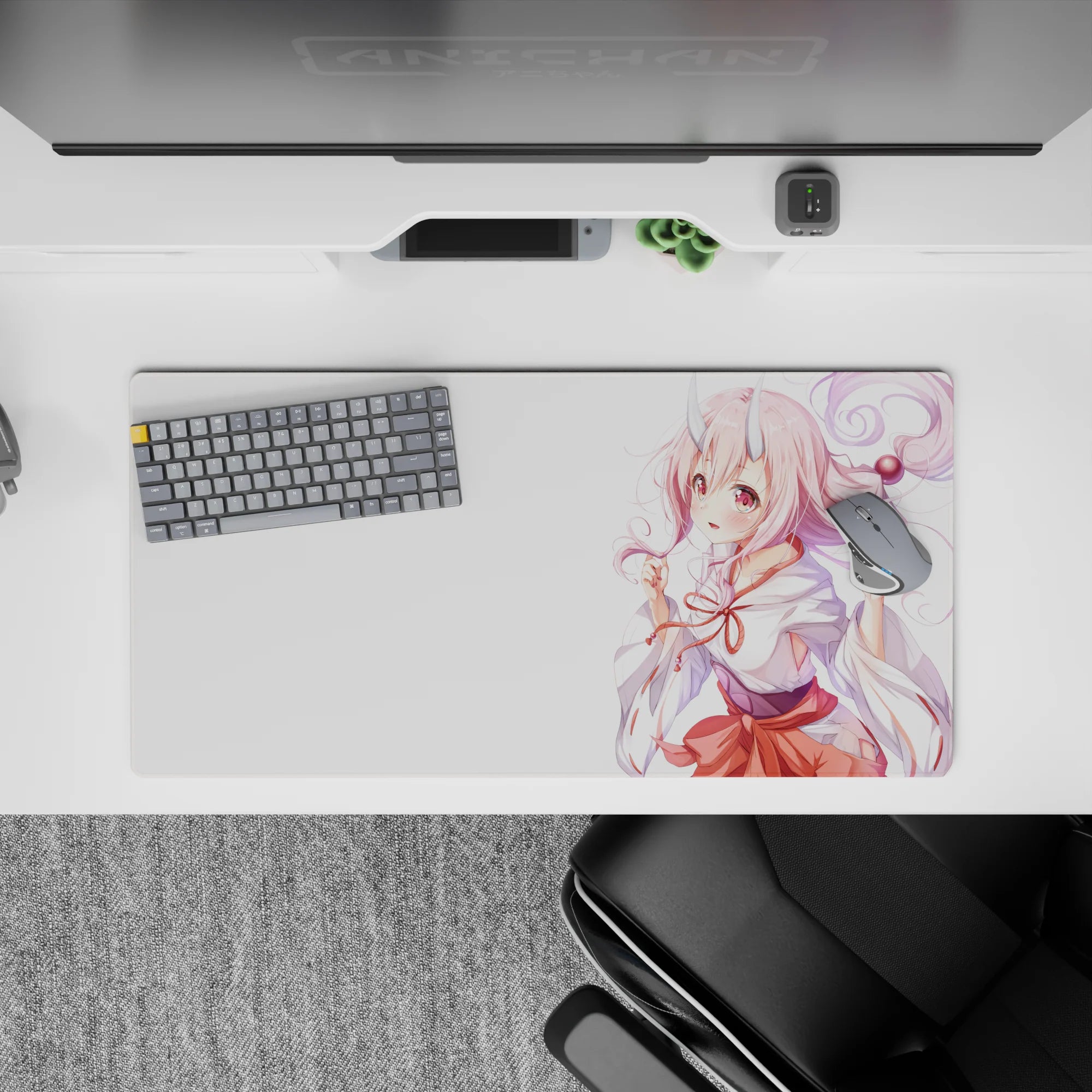 Cute pastel anime girl mouse pad 32x16 inches in soft pink and white, cozy candy-floss vibe on clean backdrop.