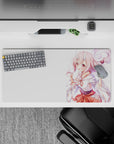 Cute pastel anime girl mouse pad 32x16 inches in soft pink and white, cozy candy-floss vibe on clean backdrop.