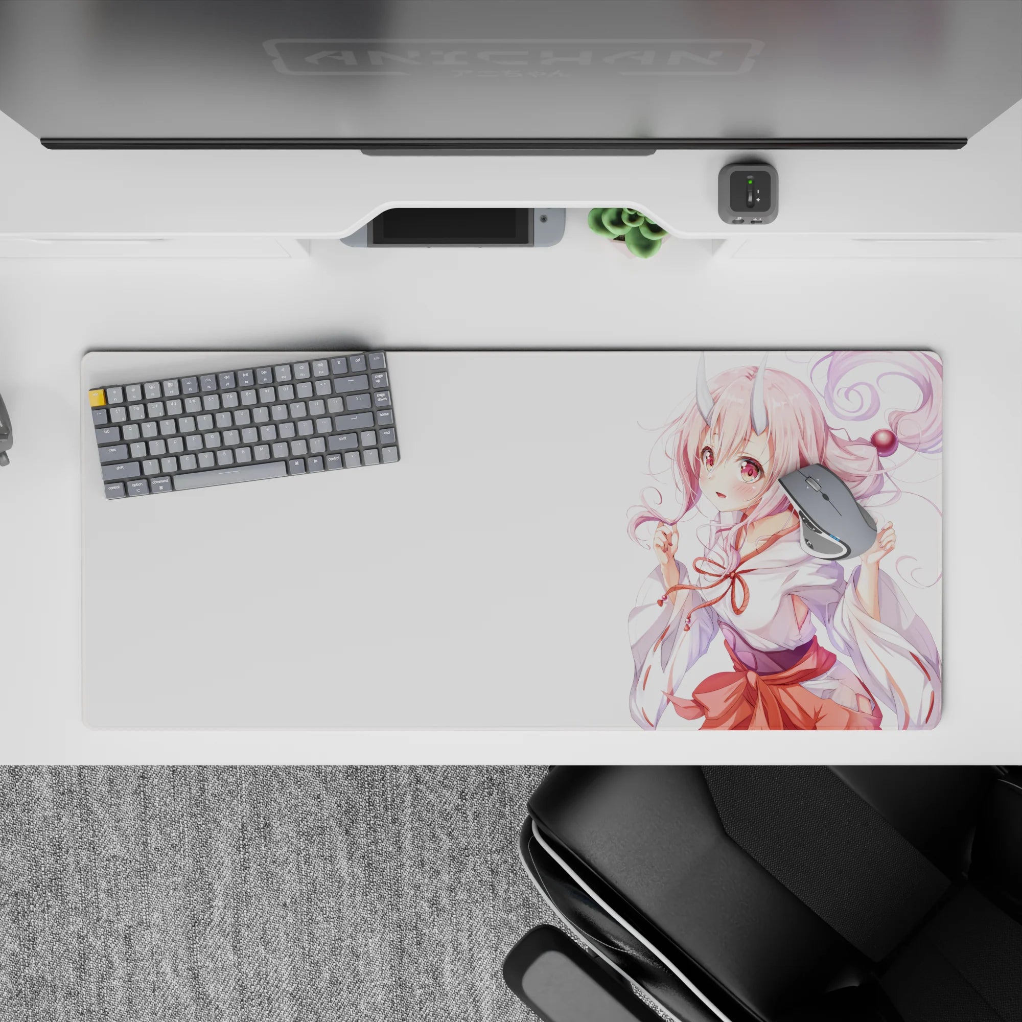 Cozy pastel desk pad 36x16 inches in soft pink and coral, cute big eyes, candy-floss vibe.