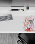 Cozy pastel desk pad 36x16 inches in soft pink and coral, cute big eyes, candy-floss vibe.