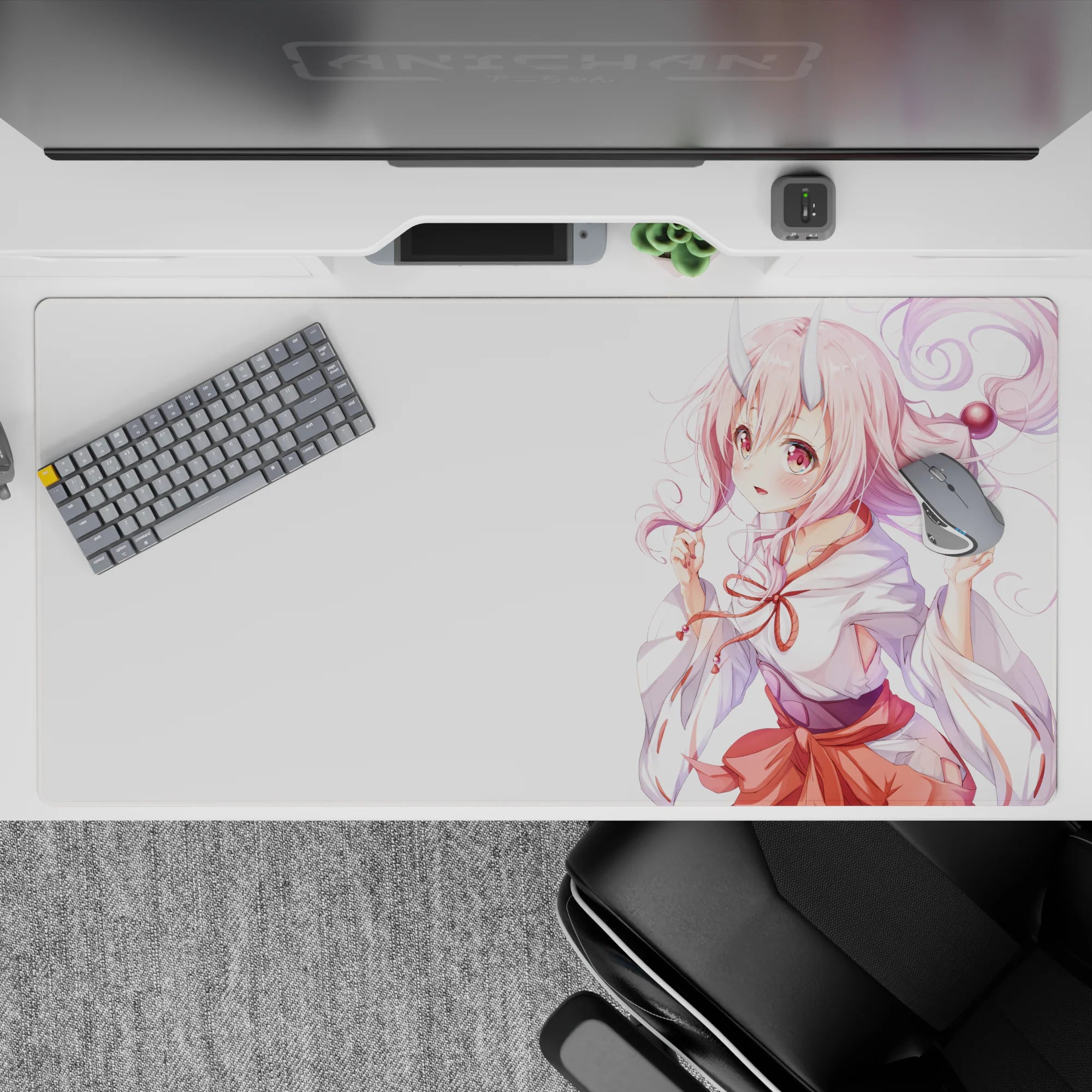 Soft pastel desk pad 40x20 inches in candy-floss pink and white, cozy cute mood with coral-red accents.