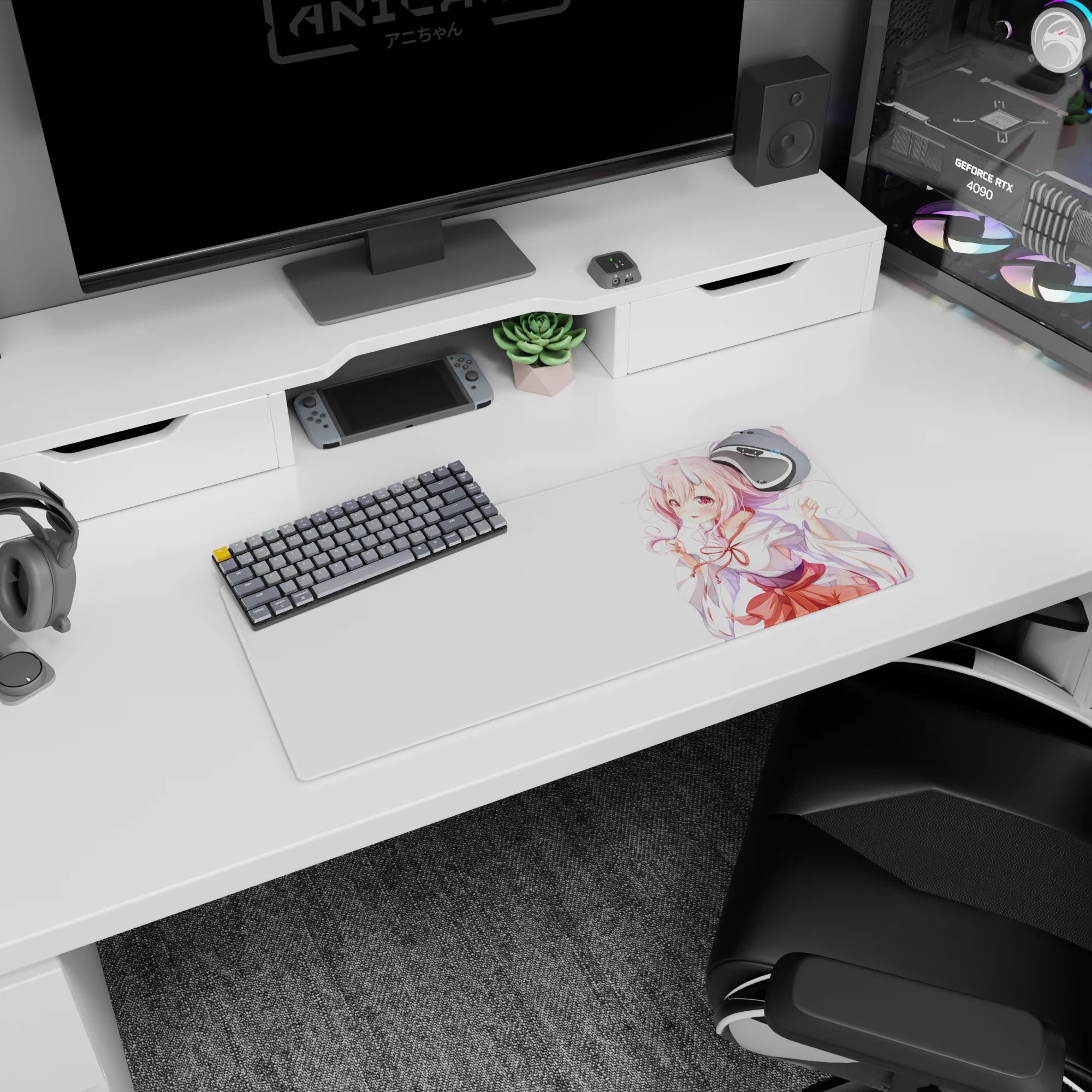 Shy teasing horned anime shrine maiden on mouse pad 28x12 inches, white kimono sleeves and red ties.