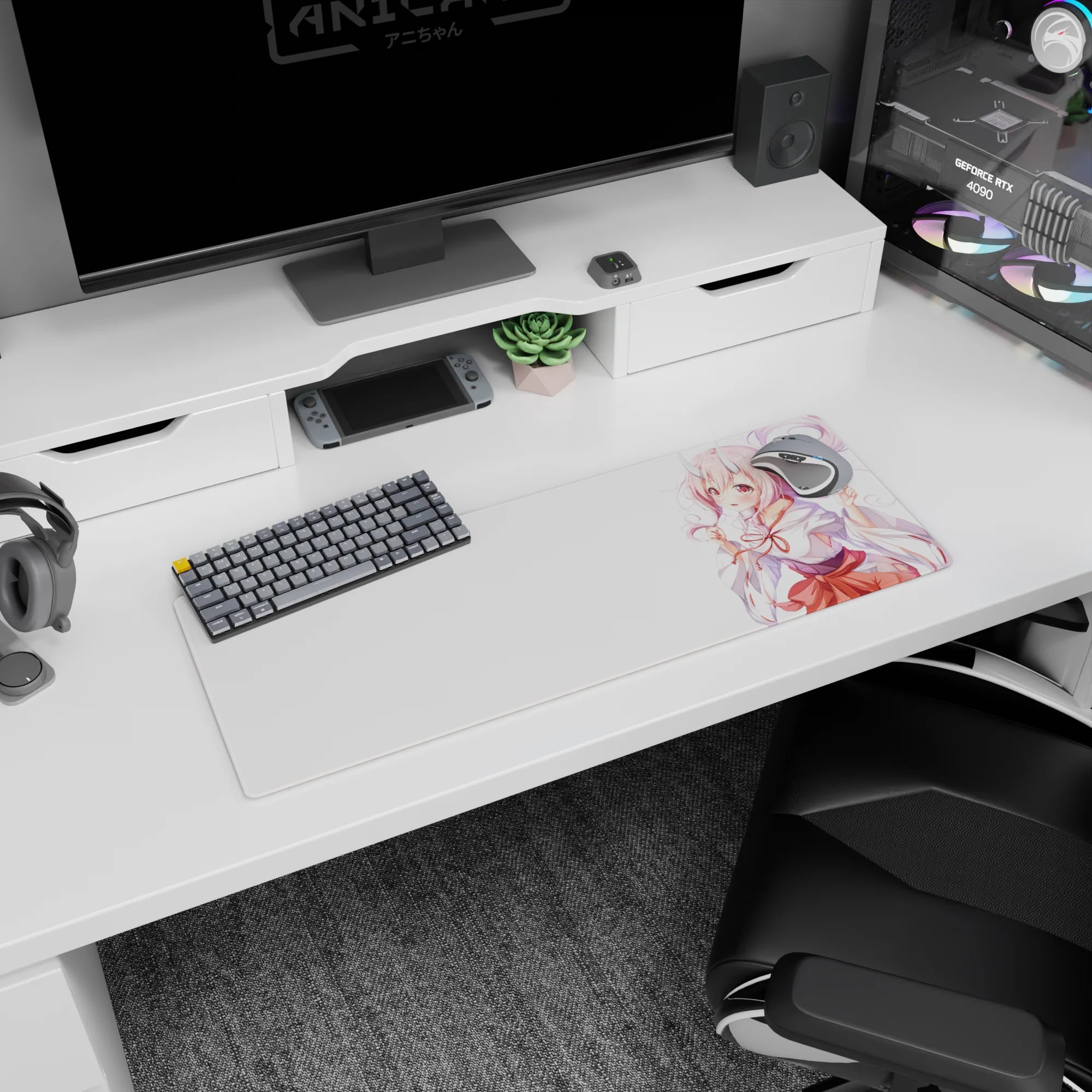 32x12 inches mouse pad showing a horned anime shrine maiden posing shyly in a white kimono top.