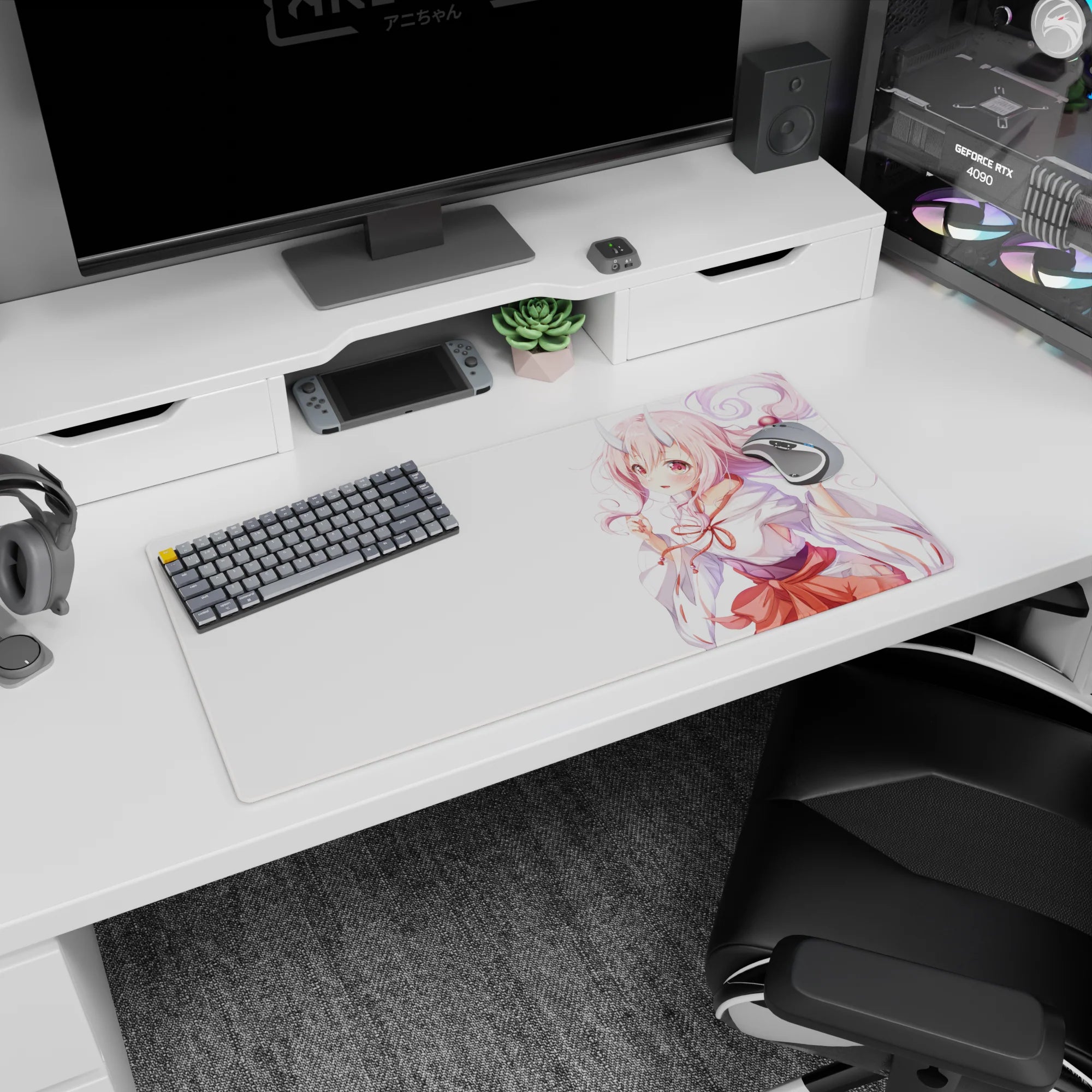 Shy teasing horned anime shrine maiden with coral-red ties on mouse pad 32x16 inches, looking back at you.