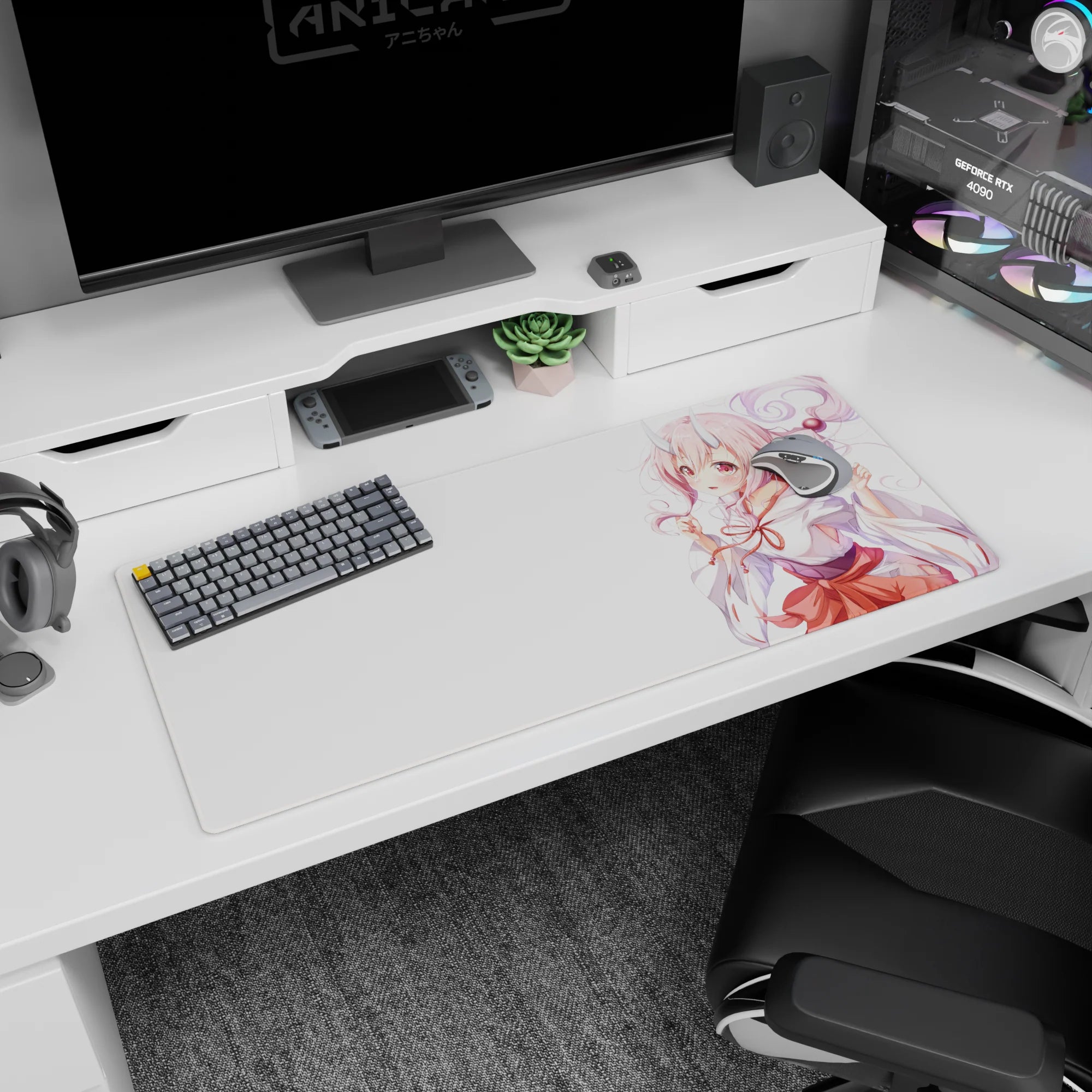Shy teasing horned anime girl with rosy eyes and wide-sleeve white kimono on 36x16 inches desk pad.