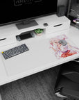 Shy teasing horned anime girl with rosy eyes and wide-sleeve white kimono on 36x16 inches desk pad.