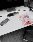 Shy teasing horned anime shrine maiden on desk pad 40x20 inches, big rosy eyes and wide sleeves.