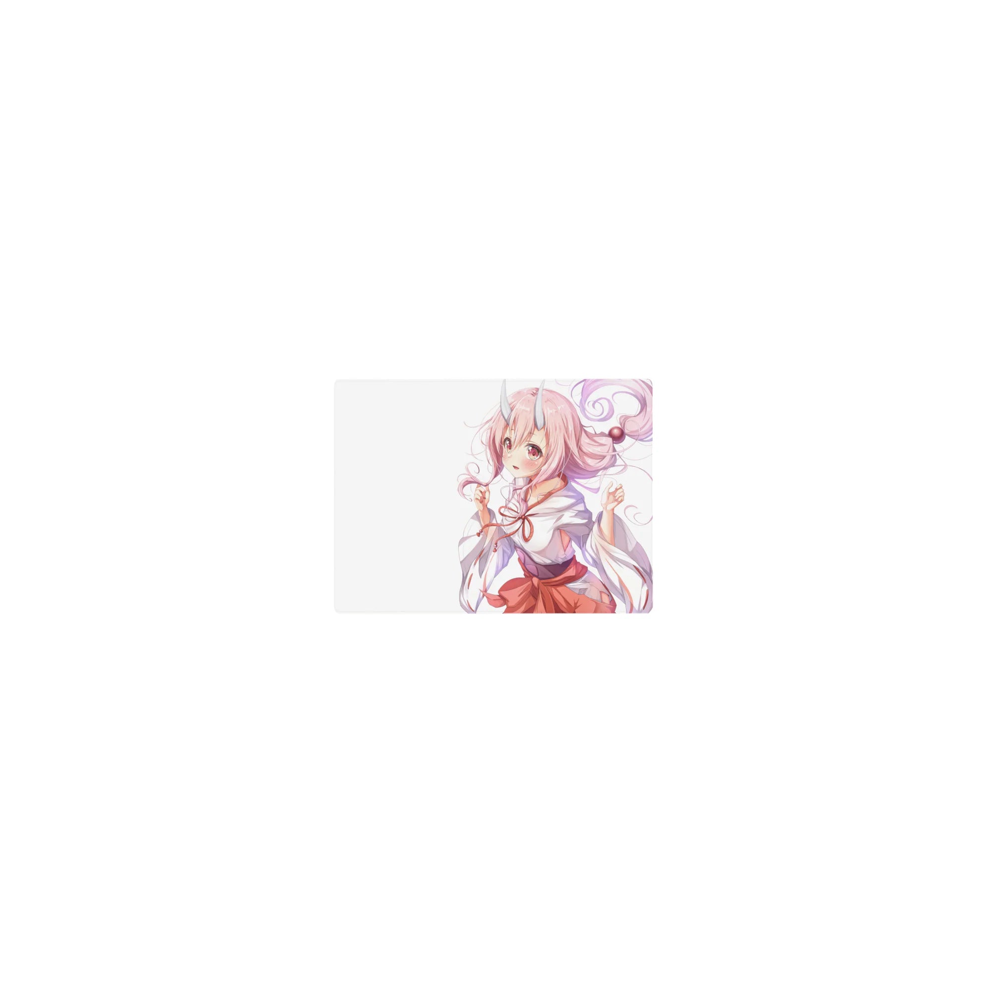 Classic anime girl mouse pad 14x10 inches with pink curly hair, tiny horns, shrine maiden kimono and sash bow.