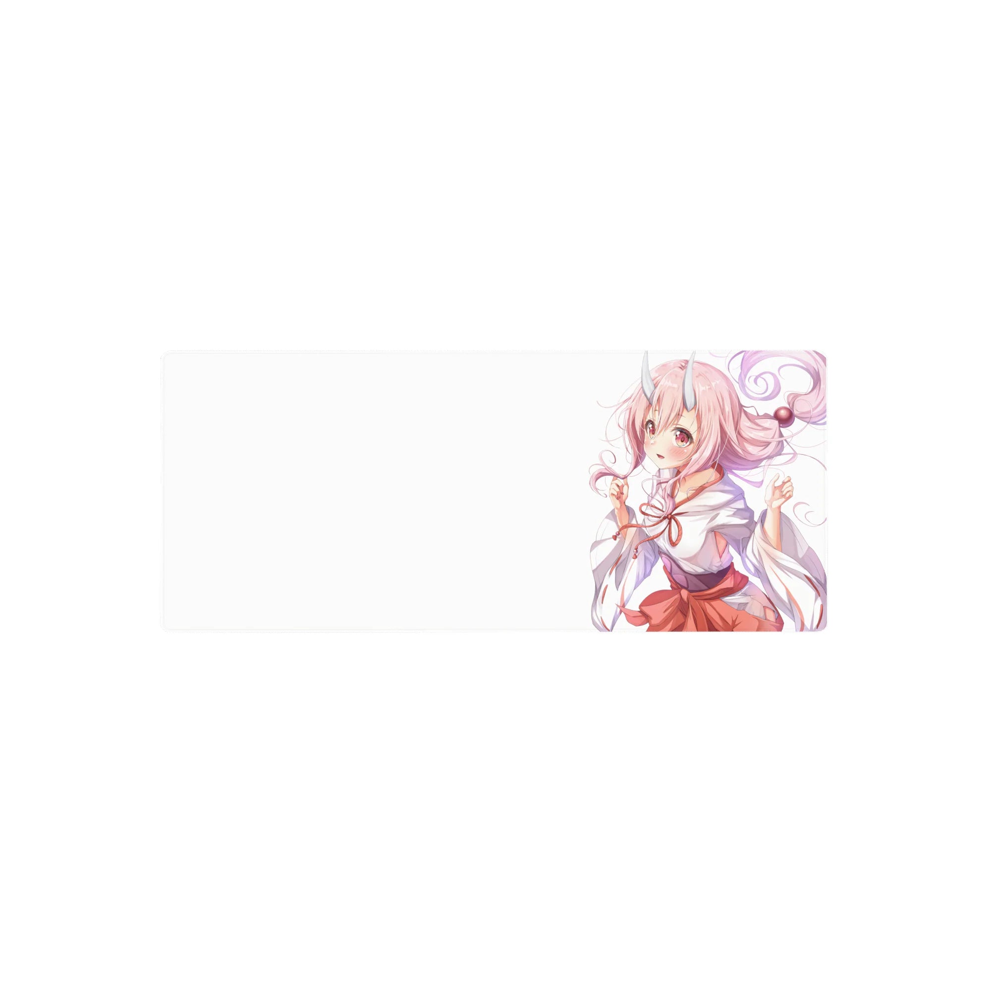 Anime girl mouse pad 28x12 inches with pink curly hair, tiny horns, shrine maiden kimono and sash bow.
