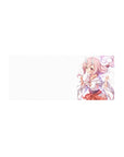 Anime girl mouse pad 28x12 inches with pink curly hair, tiny horns, shrine maiden kimono and sash bow.