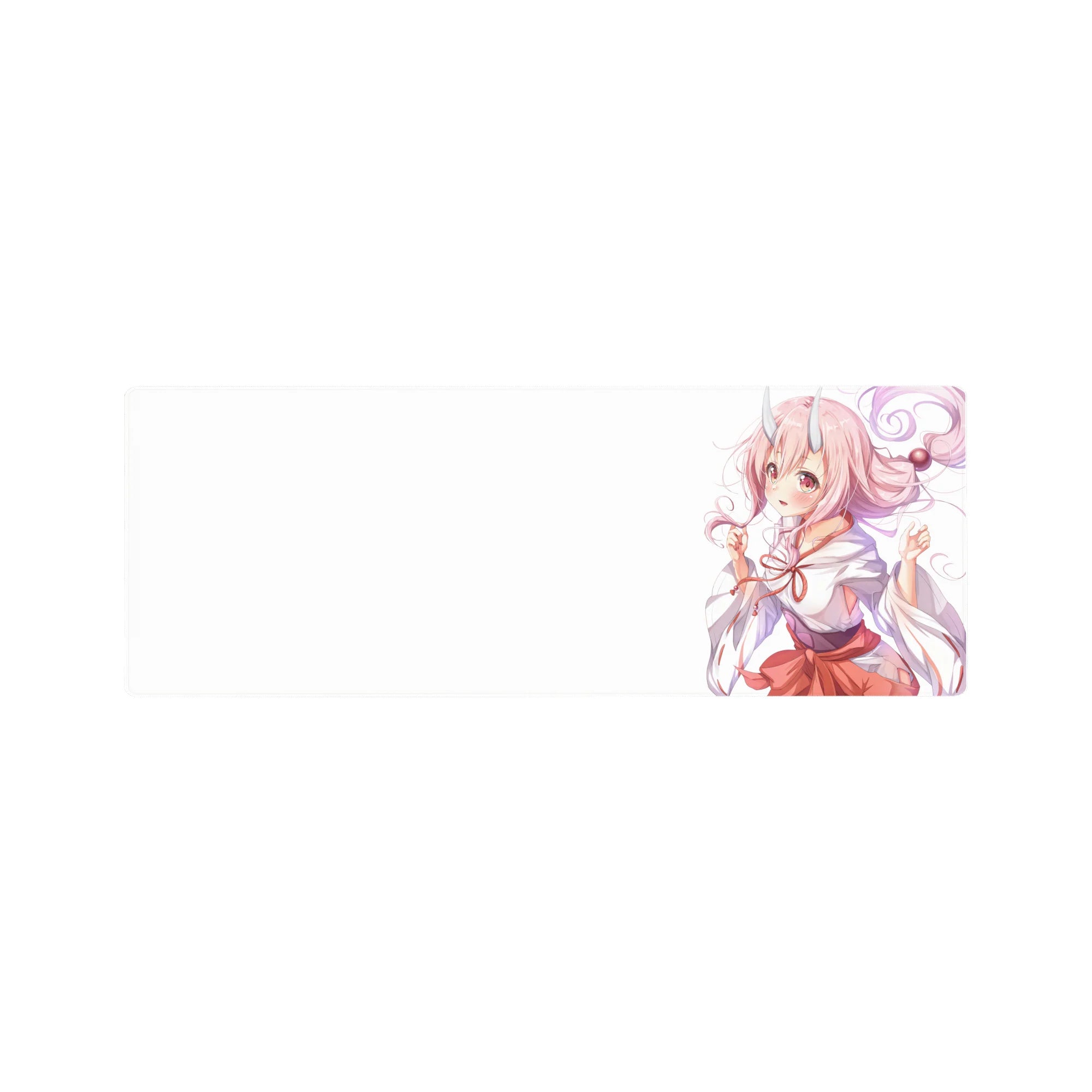 32x12 inches anime girl mouse pad with pink curls, tiny horns, rosy eyes, shrine maiden kimono design.