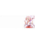 32x12 inches anime girl mouse pad with pink curls, tiny horns, rosy eyes, shrine maiden kimono design.