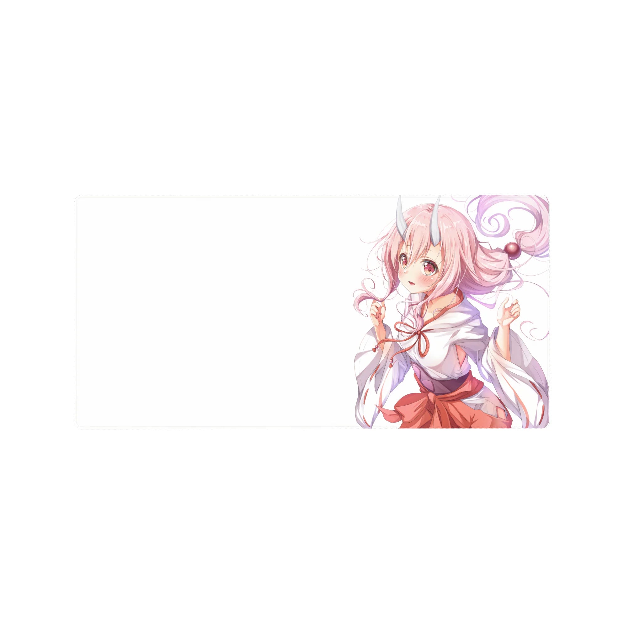 Anime girl mouse pad 32x16 inches with pink curls, tiny horns, big rosy eyes, and shrine maiden kimono.