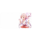 Anime girl mouse pad 32x16 inches with pink curls, tiny horns, big rosy eyes, and shrine maiden kimono.