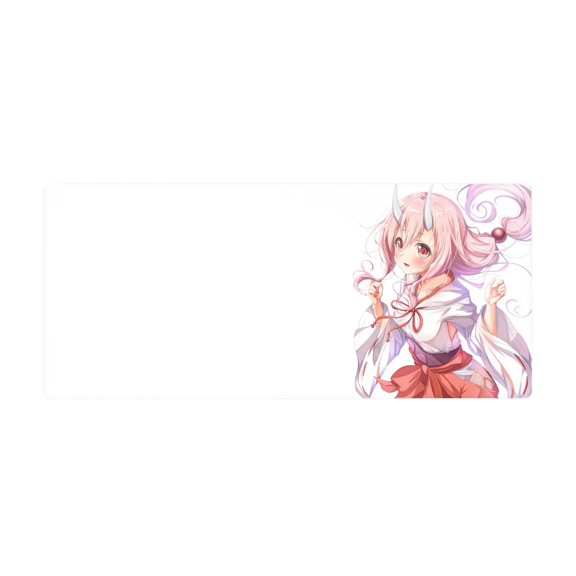 Anime girl desk pad 36x16 inches with pink curls, tiny horns, and shrine-maiden kimono bow.