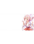 Anime girl desk pad 36x16 inches with pink curls, tiny horns, and shrine-maiden kimono bow.