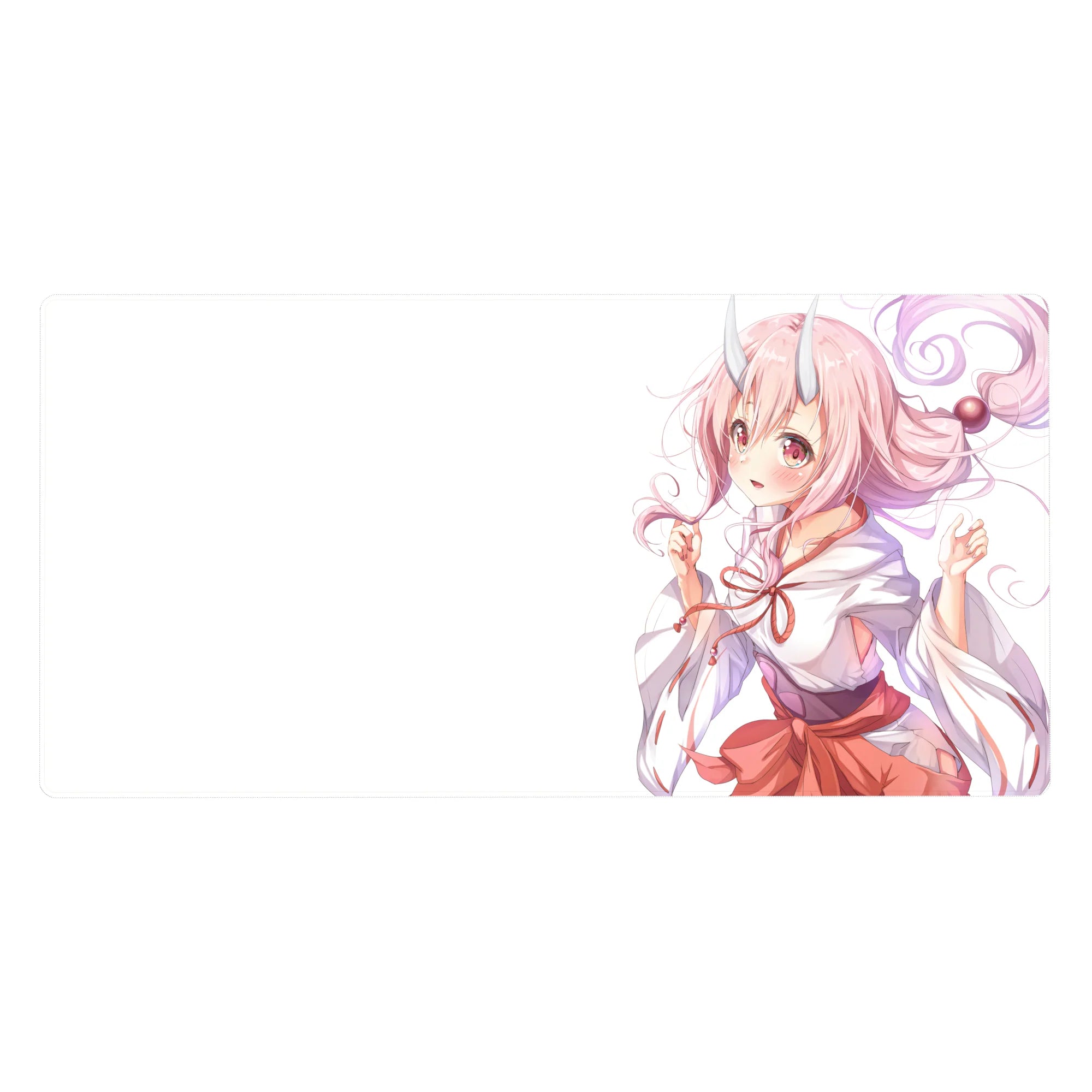 Anime girl desk pad 40x20 inches with pink curls, tiny horns, rosy eyes, and shrine maiden kimono design.