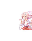 Anime girl desk pad 40x20 inches with pink curls, tiny horns, rosy eyes, and shrine maiden kimono design.