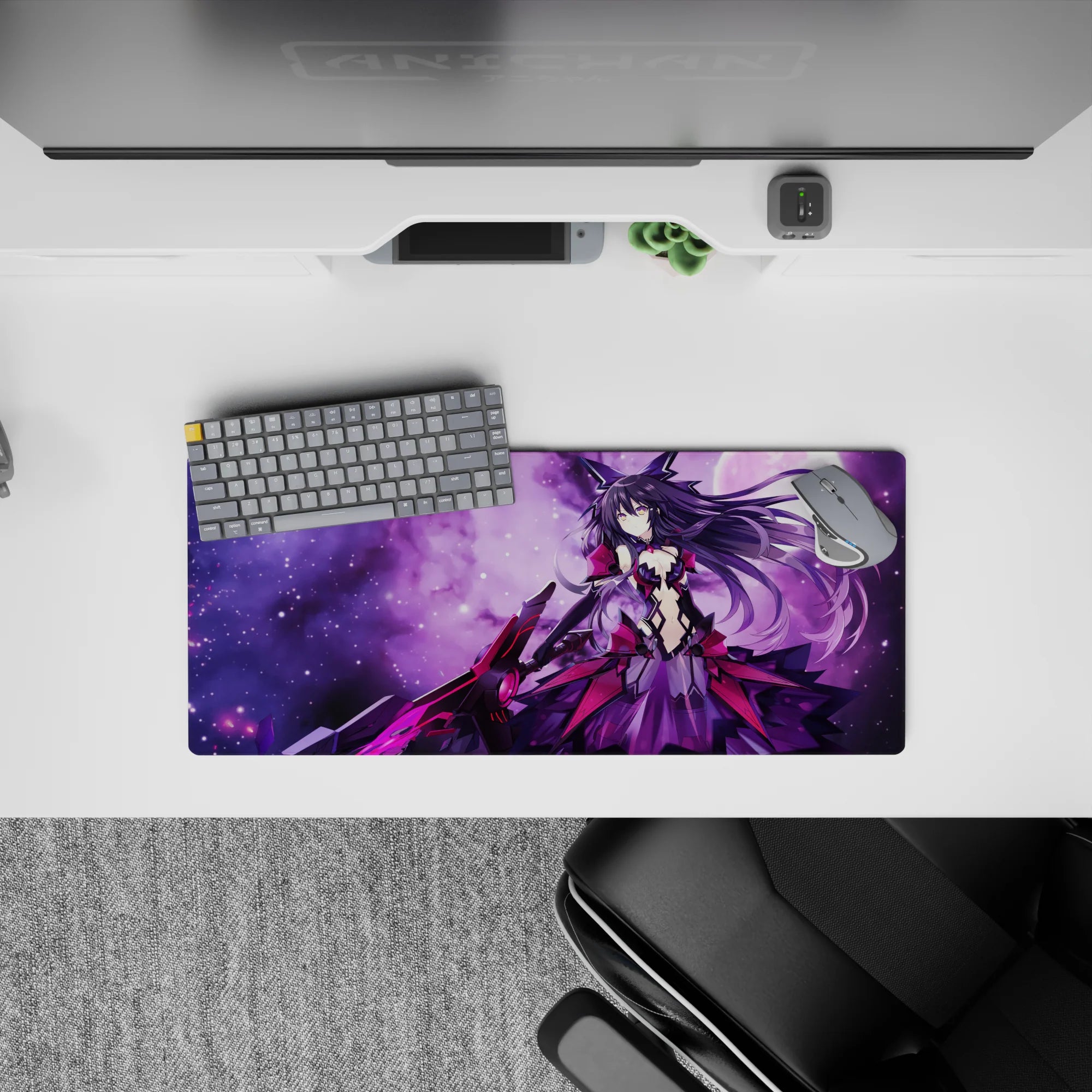 28x12 inches anime girl mouse pad in violet haze with starry glow, purple nebula vibes, dramatic cute tone.
