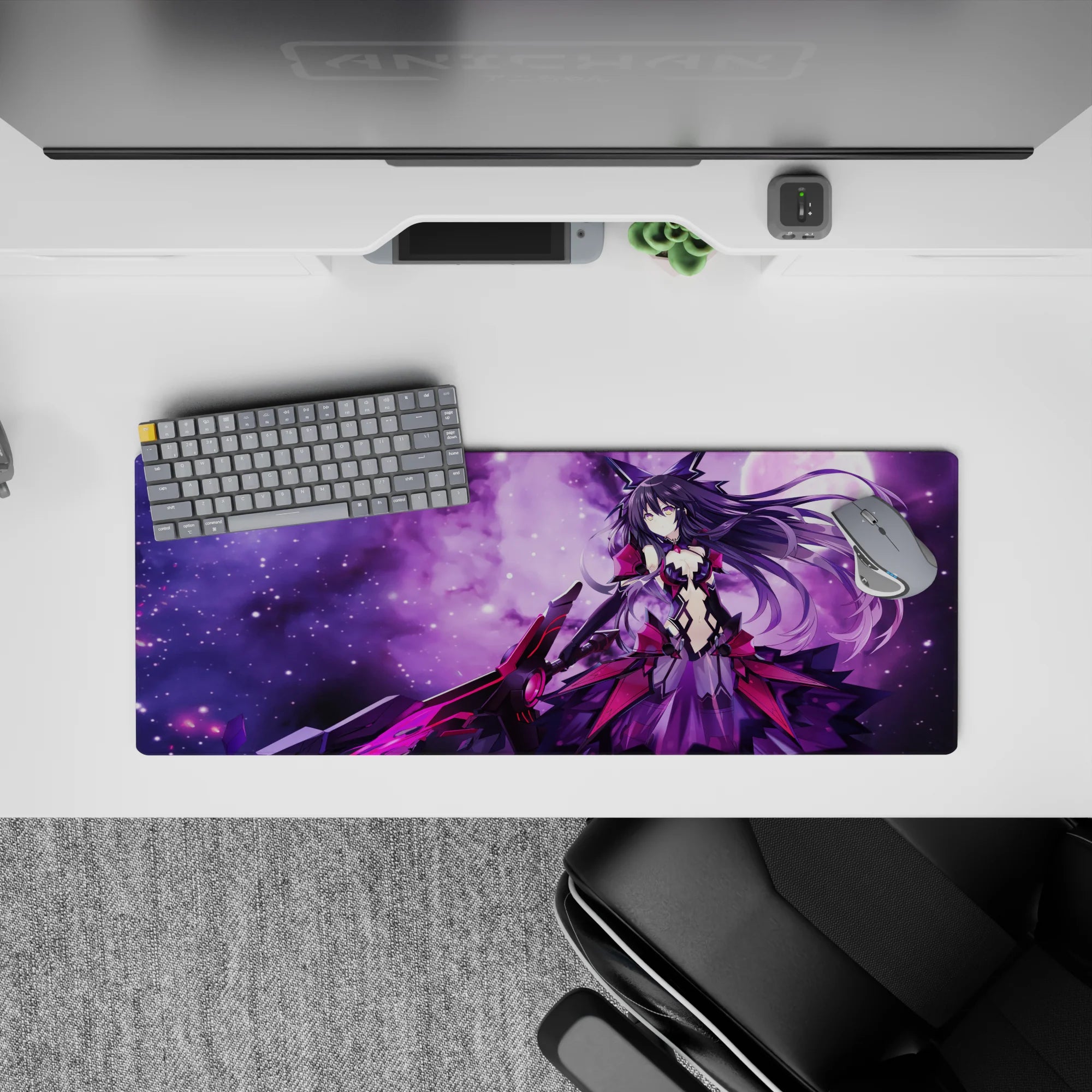 Anime girl mouse pad 32x12 inches in violet haze with star-speckled glow and intense cosmic vibes.