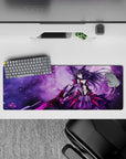 Anime girl mouse pad 32x12 inches in violet haze with star-speckled glow and intense cosmic vibes.