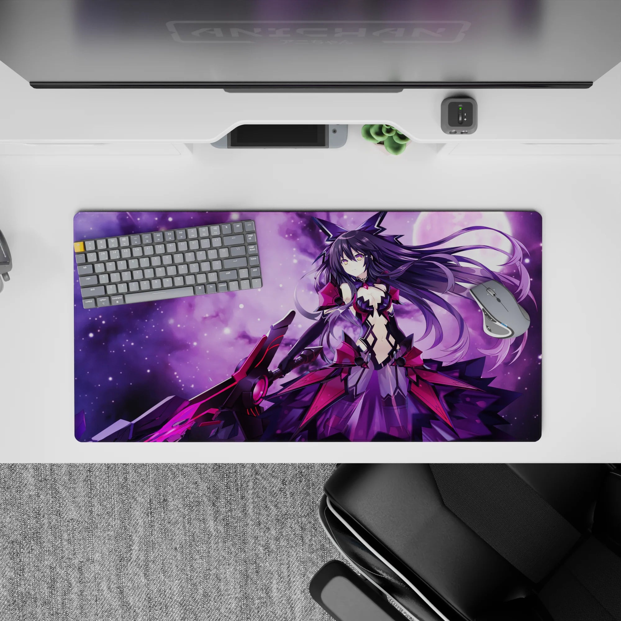 Anime girl mouse pad 32x16 inches in violet haze with star-speckled glow and intense cute vibe.