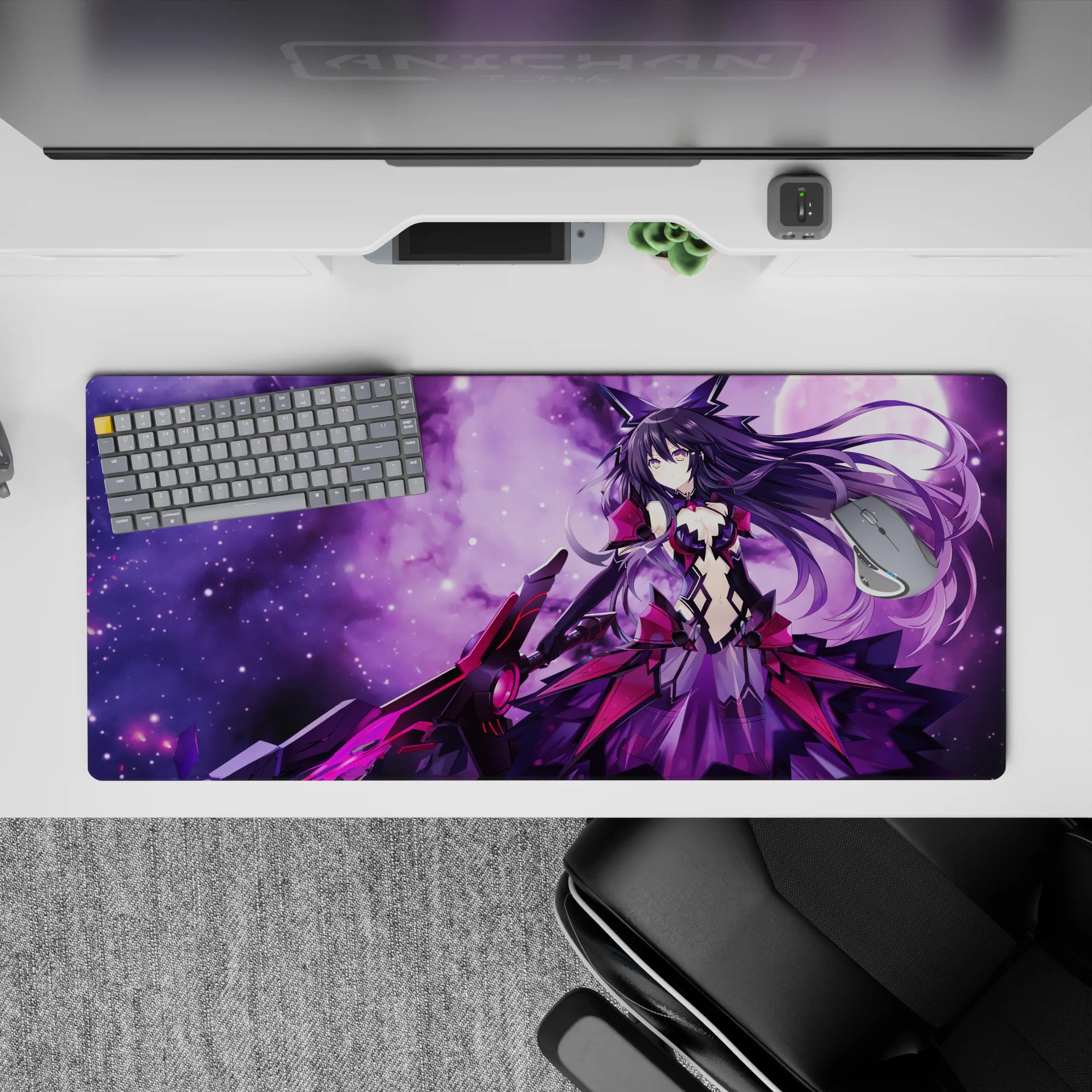 36x16 inches desk pad in violet haze with star-speckled glow and crisp magenta accents, cute yet intense.