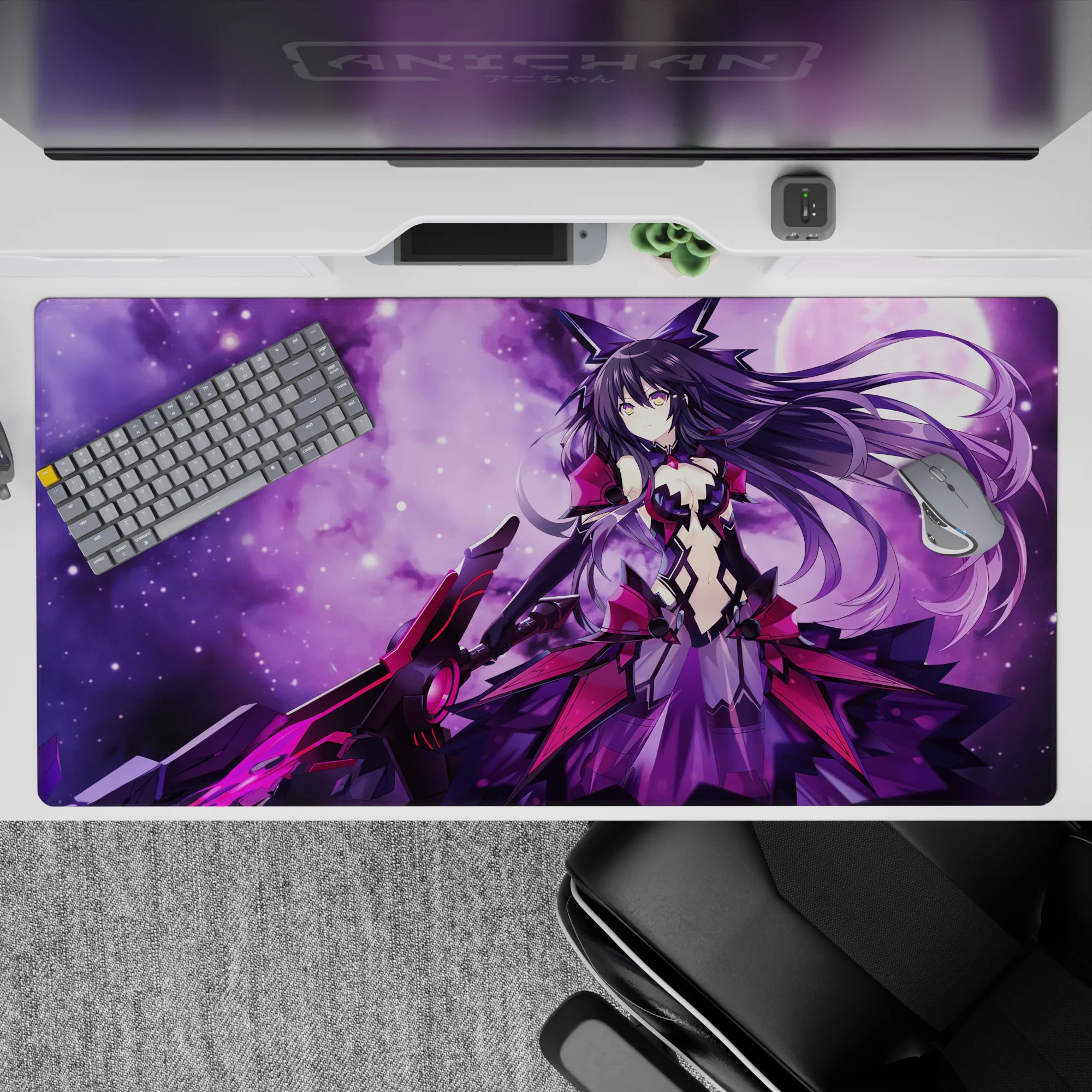 Purple nebula anime desk pad 40x20 inches in violet haze with star-speckled glow and intense cute vibe.