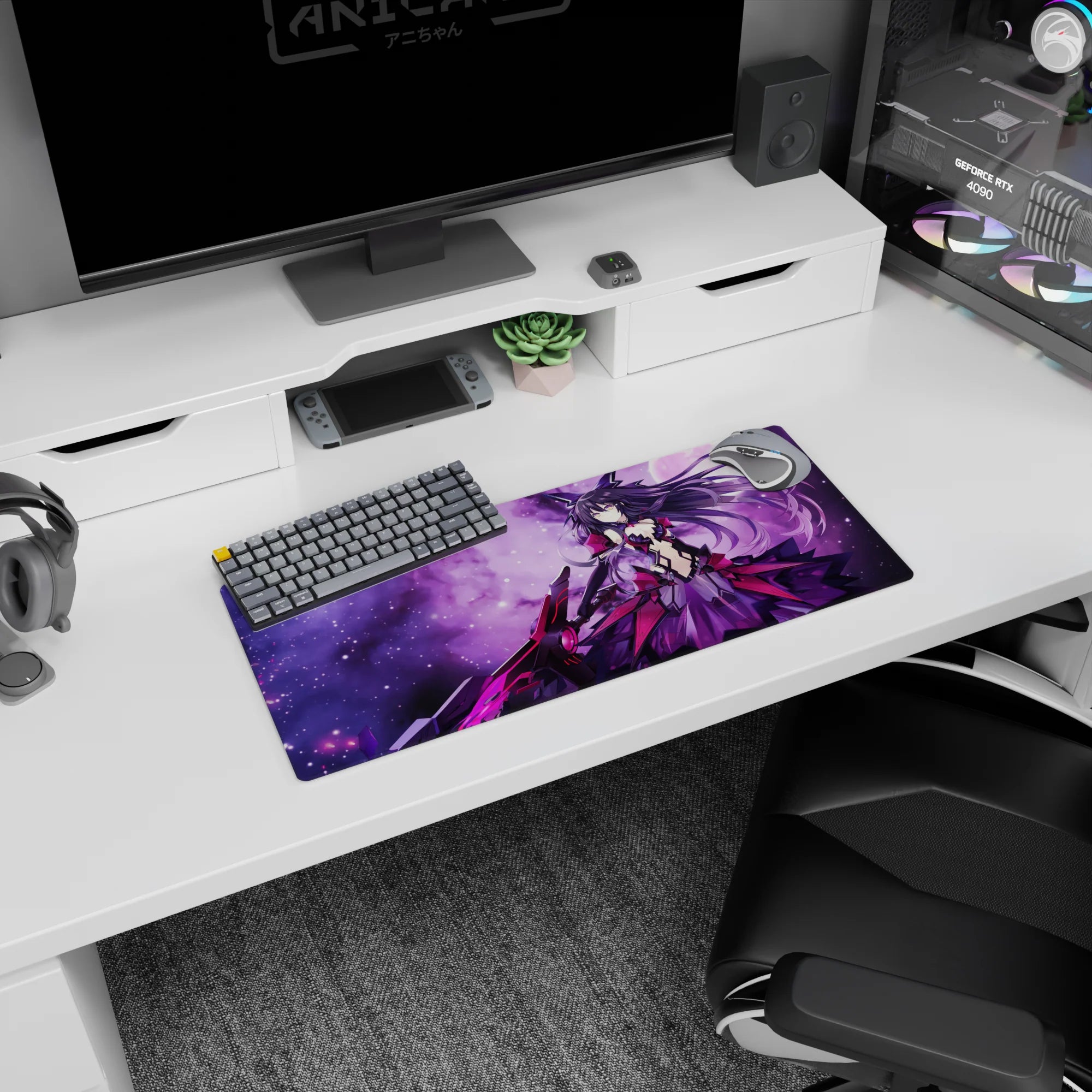 28x12 inches Date A Live mouse pad featuring Kurumi Tokisaki, comet-tail hair and cool smirk pose.