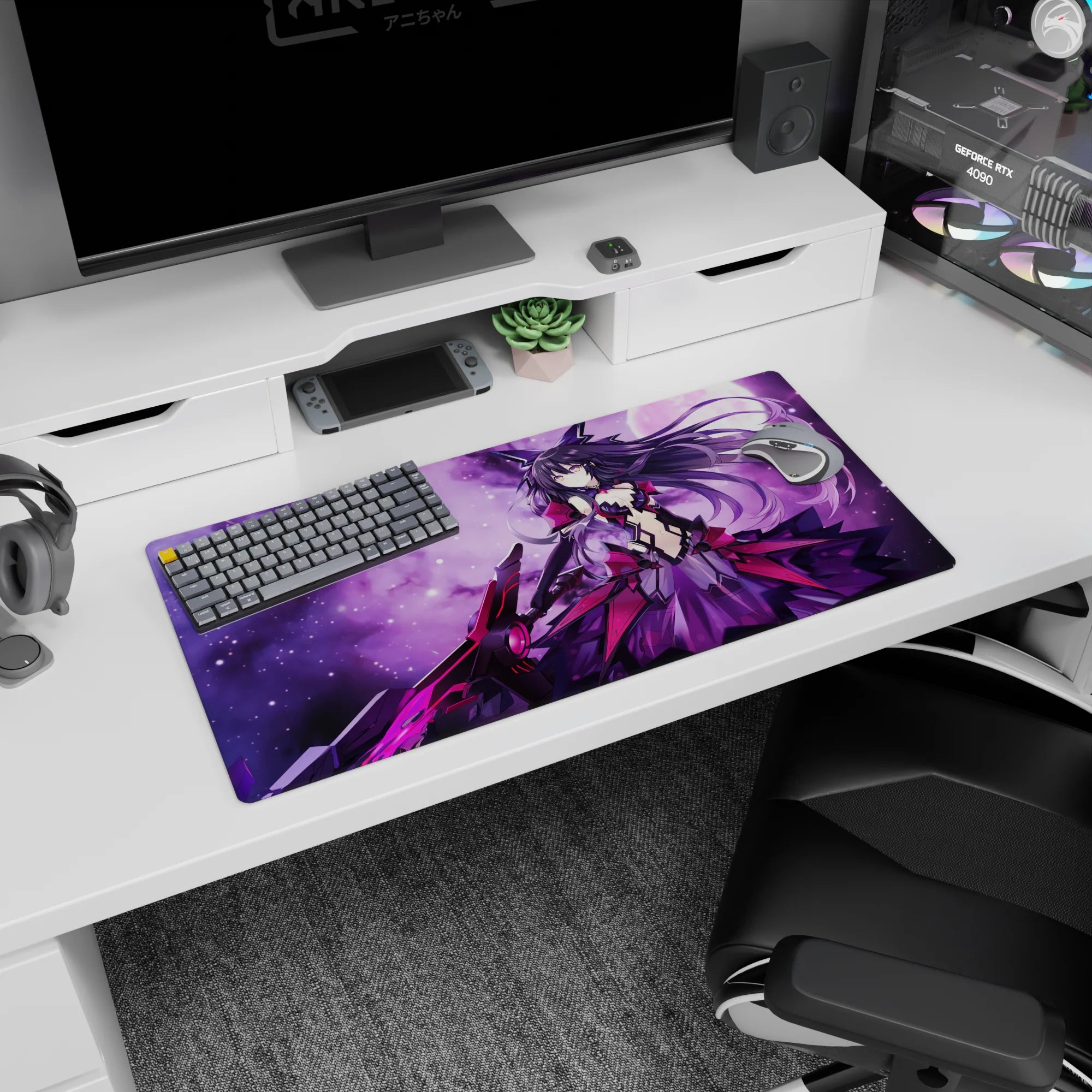 Kurumi Tokisaki Date A Live anime girl mouse pad 32x16 inches, hair like a comet and oversized weapon.
