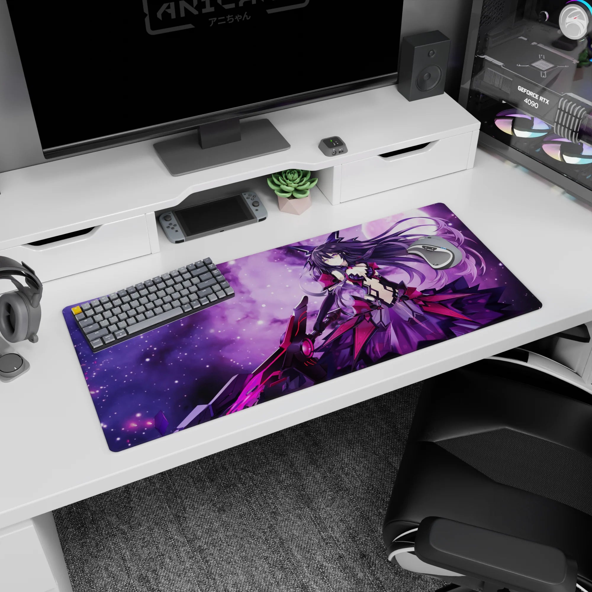 36x16 inches Kurumi Tokisaki Date A Live desk pad, comet-tail hair and oversized weapon, sharp smirk gaze.