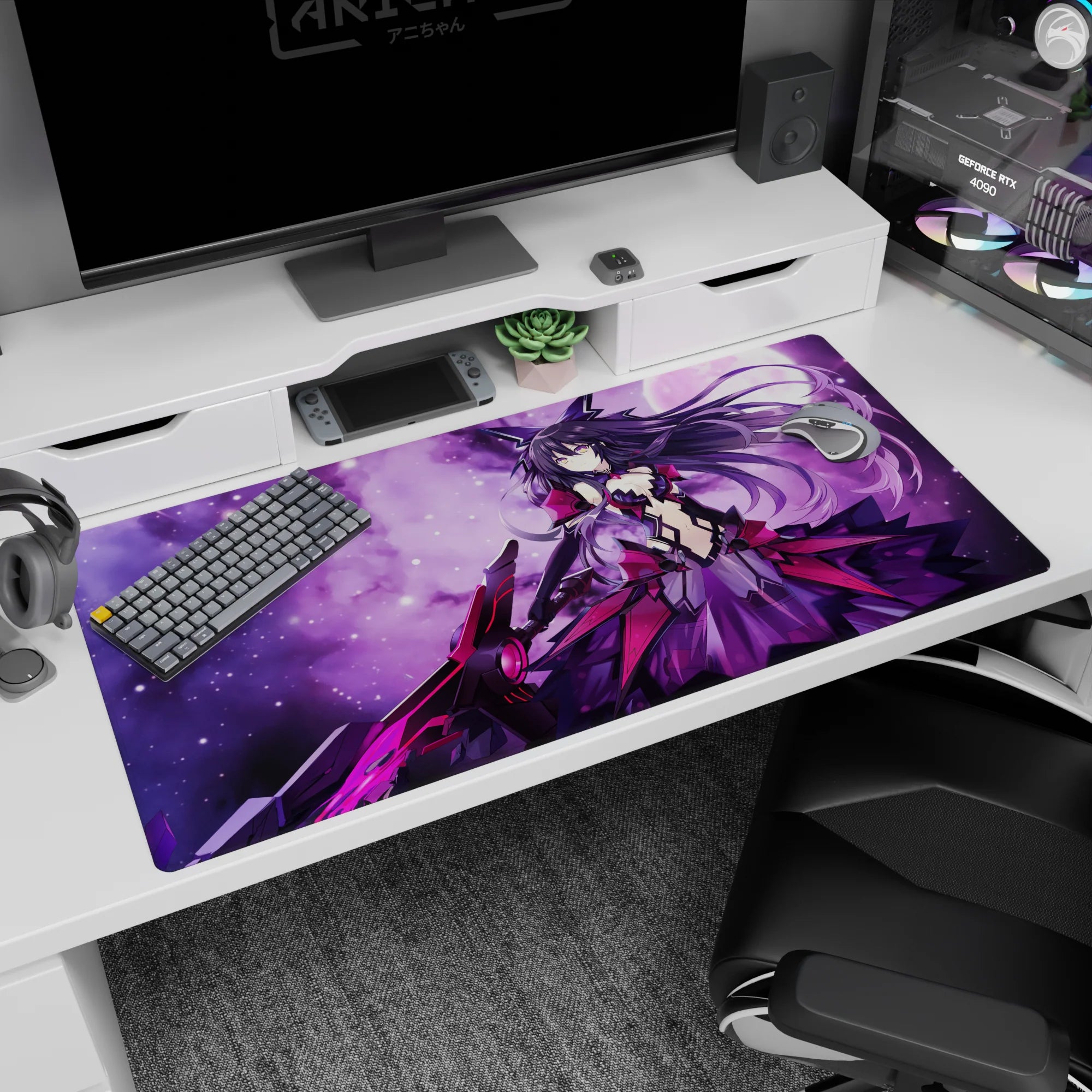 Kurumi Tokisaki from Date A Live on a 40x20 inches anime desk pad, hair like a comet and smirk gaze.