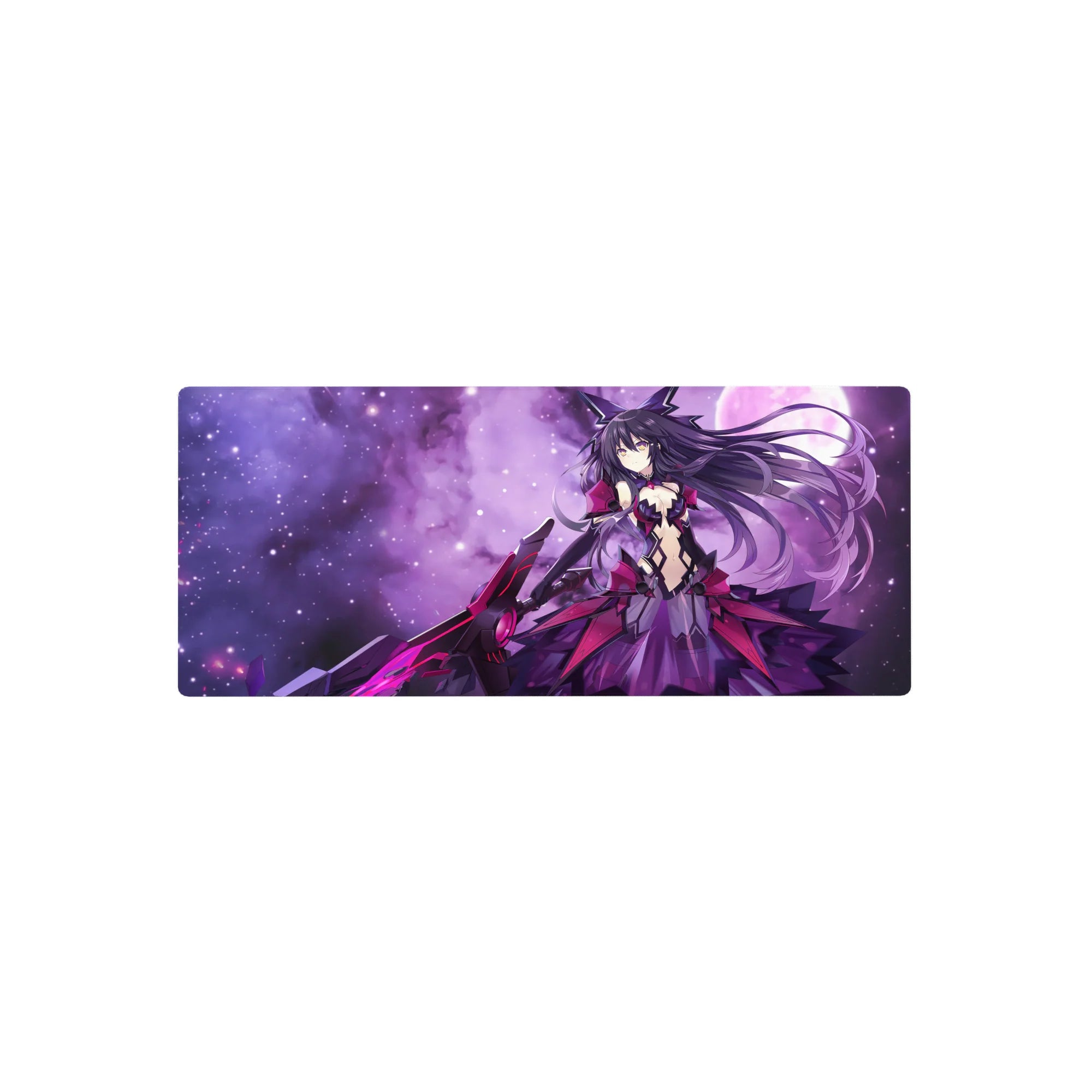 28x12 inches anime girl mouse pad with Kurumi Tokisaki, nebula background, magenta armor, oversized weapon.