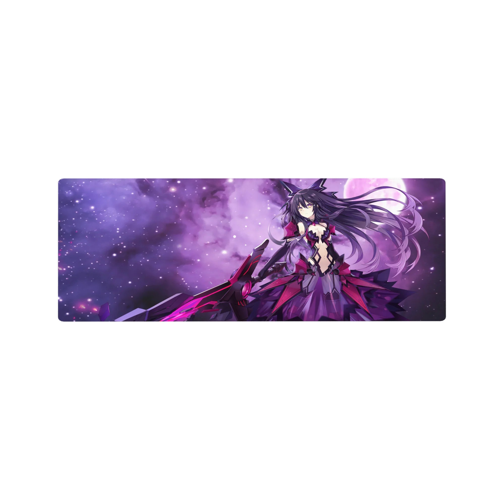 Anime girl mouse pad 32x12 inches with Kurumi Tokisaki, nebula backdrop, magenta armor, oversized weapon.