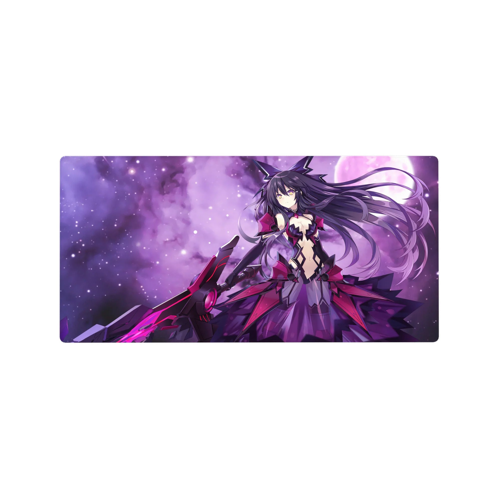 Anime girl mouse pad 32x16 inches with purple nebula background, star glow, and magenta armor details.