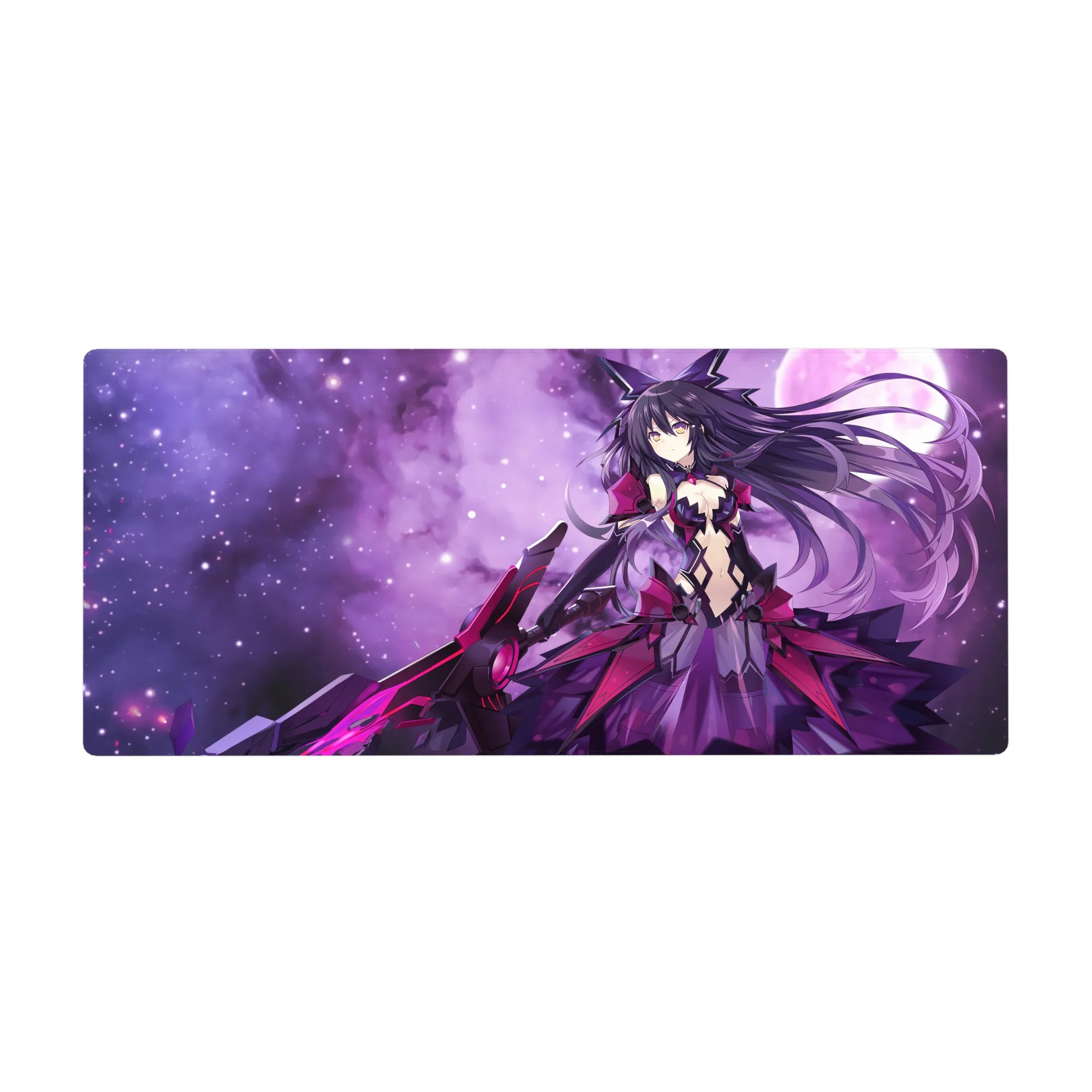 36x16 inches anime girl desk pad with Kurumi Tokisaki, purple nebula backdrop, magenta armor, weapon pose.