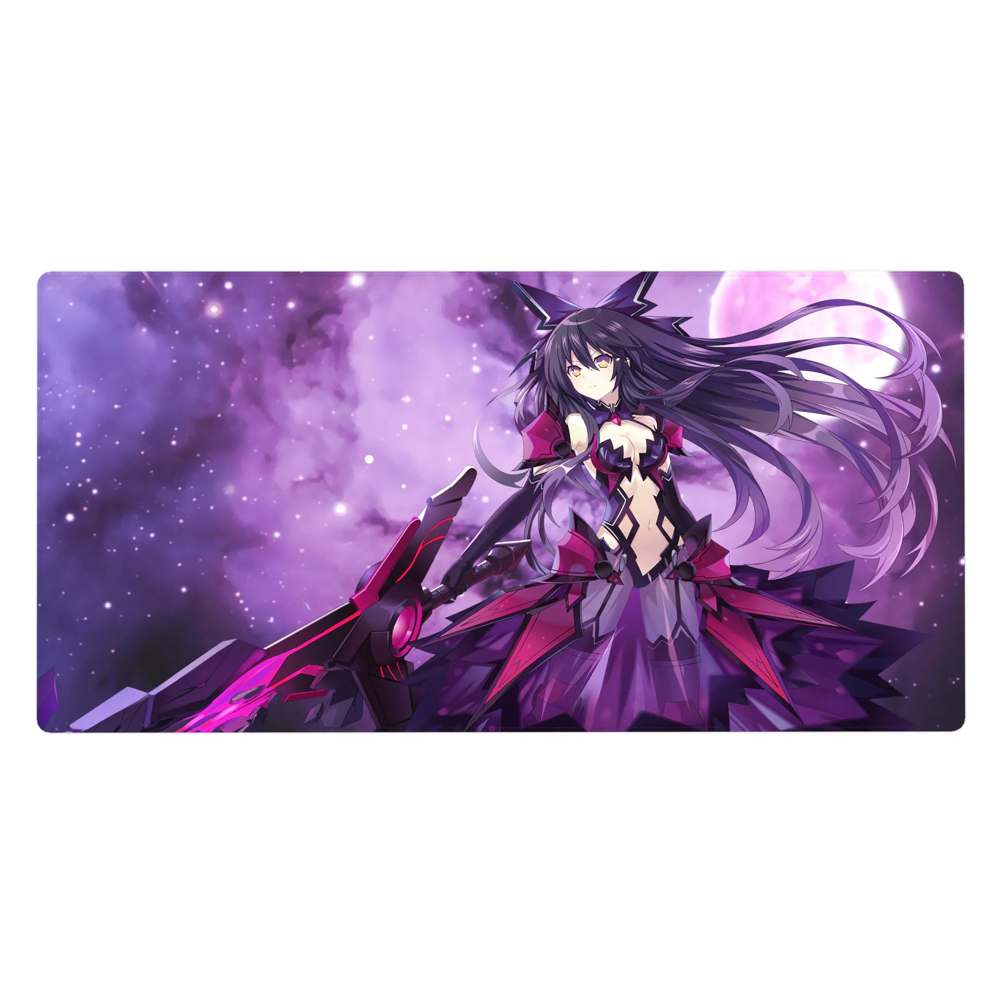 Anime girl desk pad 40x20 inches with Kurumi Tokisaki, nebula backdrop, magenta armor, oversized weapon.