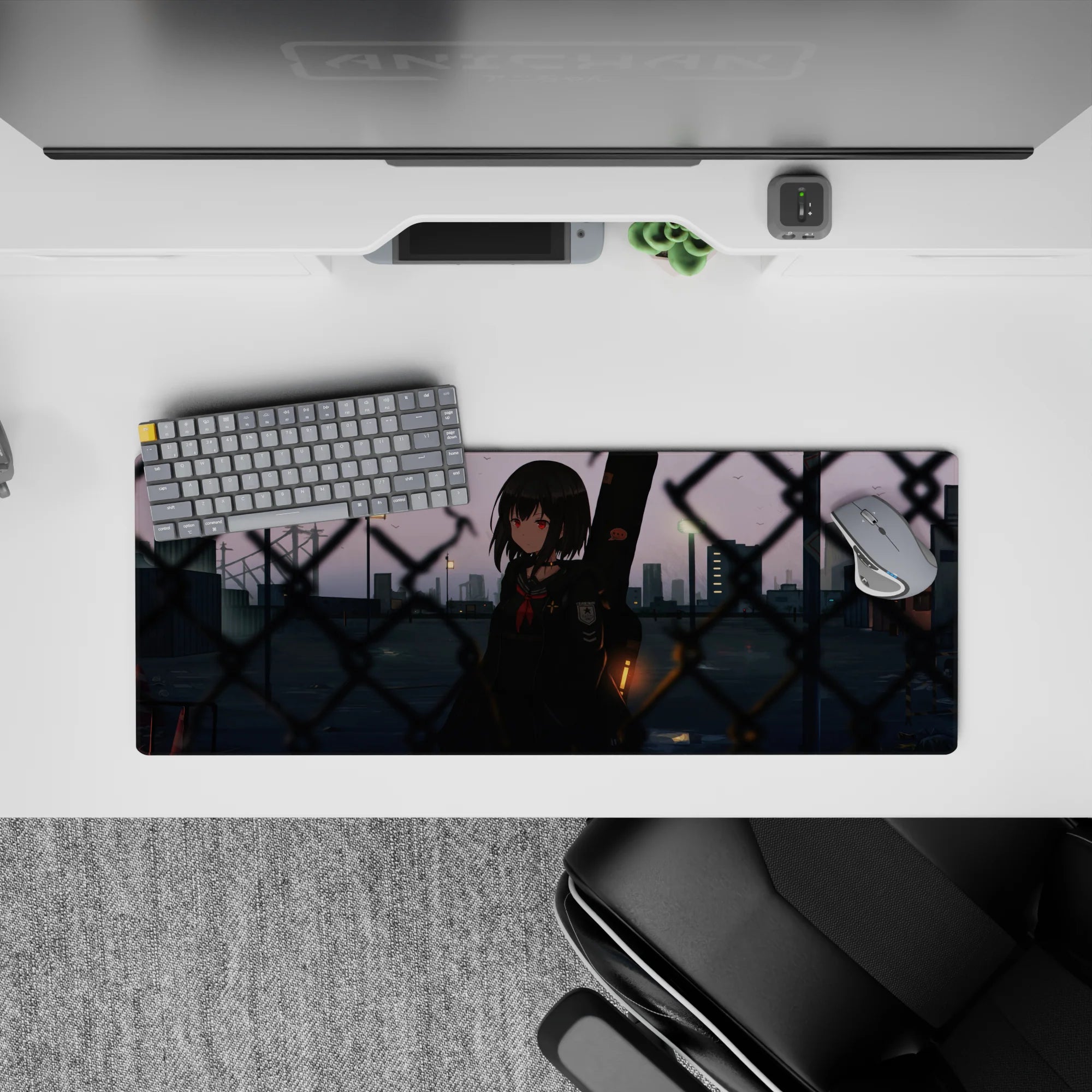 Moody cute anime desk mat 32x12 inches in soft purples and slate blues with warm city lights.