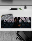 Moody cute anime desk mat 32x12 inches in soft purples and slate blues with warm city lights.