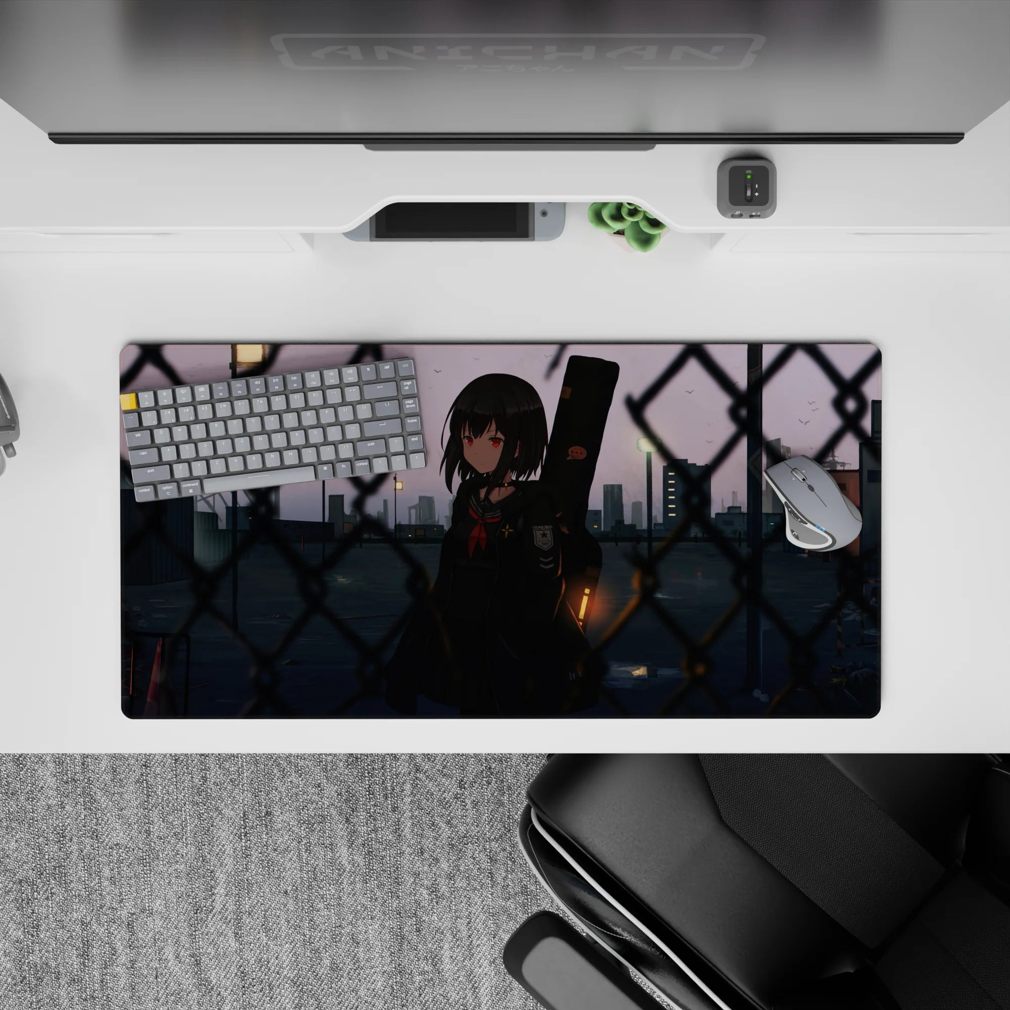 Moody-cute anime desk mat 32x16 inches in soft purples and slate blues with warm city streetlights.