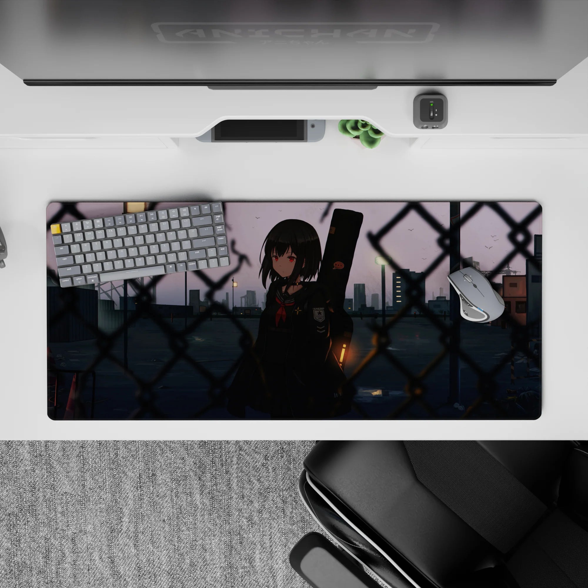 36x16 inches anime mouse pad in soft purples and slate blues, warm streetlights, moody-cute city vibe.