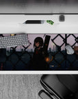 36x16 inches anime mouse pad in soft purples and slate blues, warm streetlights, moody-cute city vibe.