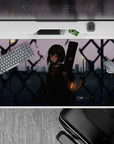 Moody-cute 40x20 inches anime desk pad in soft purples and slate blues with warm streetlight glow.