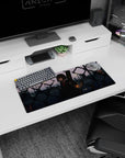 28x12 inches anime desk mat showing red-eyed schoolgirl with guitar case, fence foreground, city at dusk.