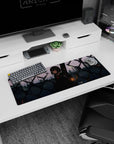 Red-eyed anime schoolgirl by a fence at city dusk, guitar case on back mouse pad 32x12 inches.
