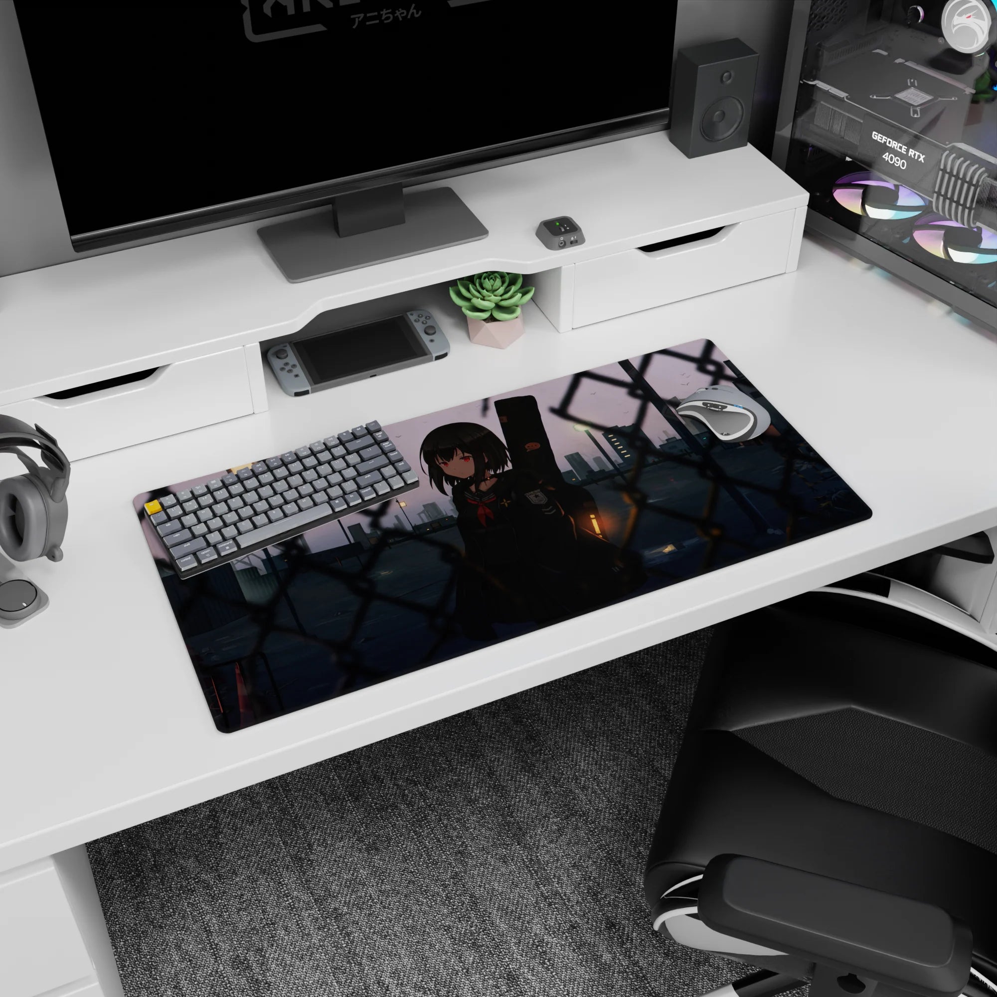Red-eyed anime schoolgirl scene mouse pad 32x16 inches, quiet city dusk skyline behind a fence.