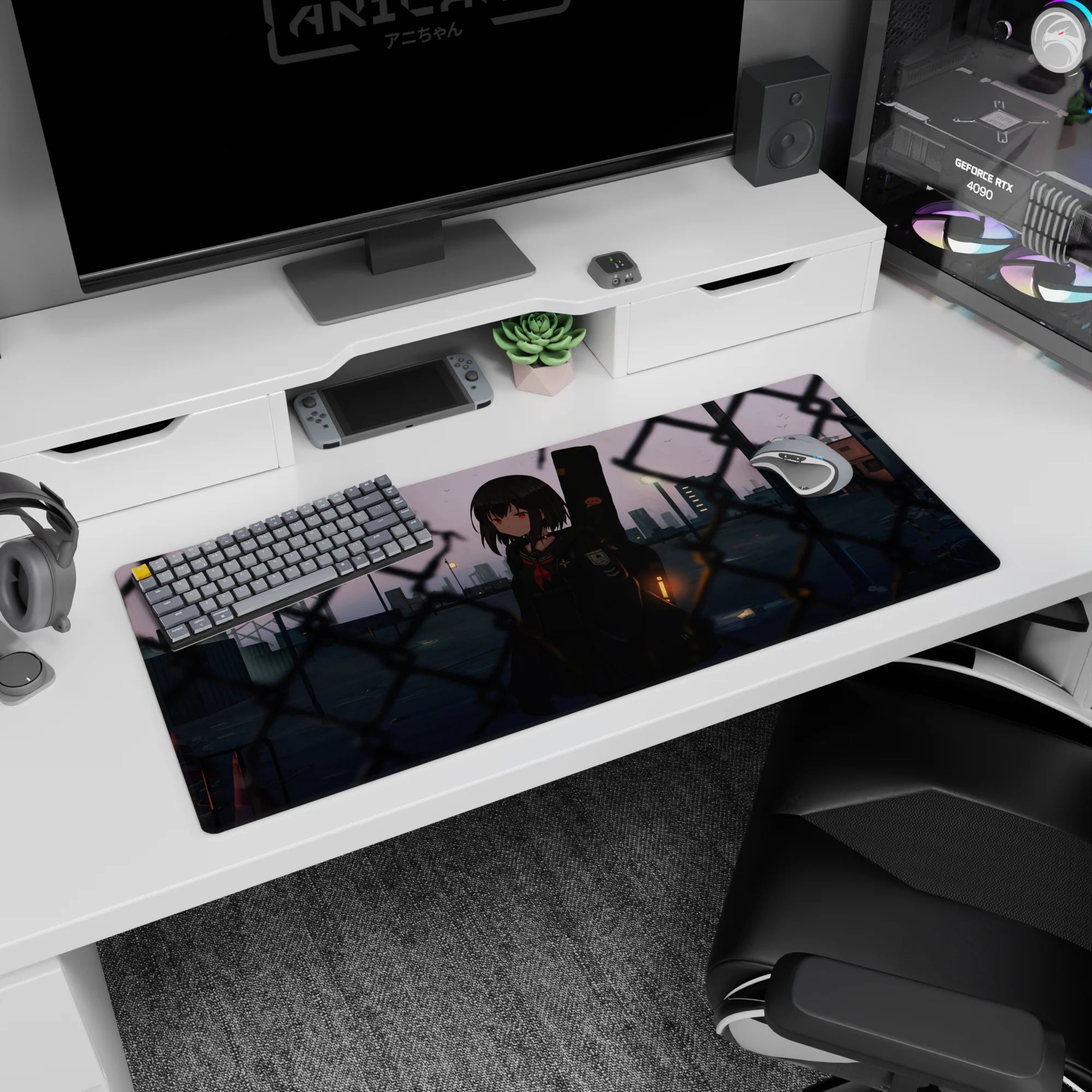 36x16 inches desk pad showing red-eyed schoolgirl with guitar case, chain-link fence, quiet skyline at dusk.