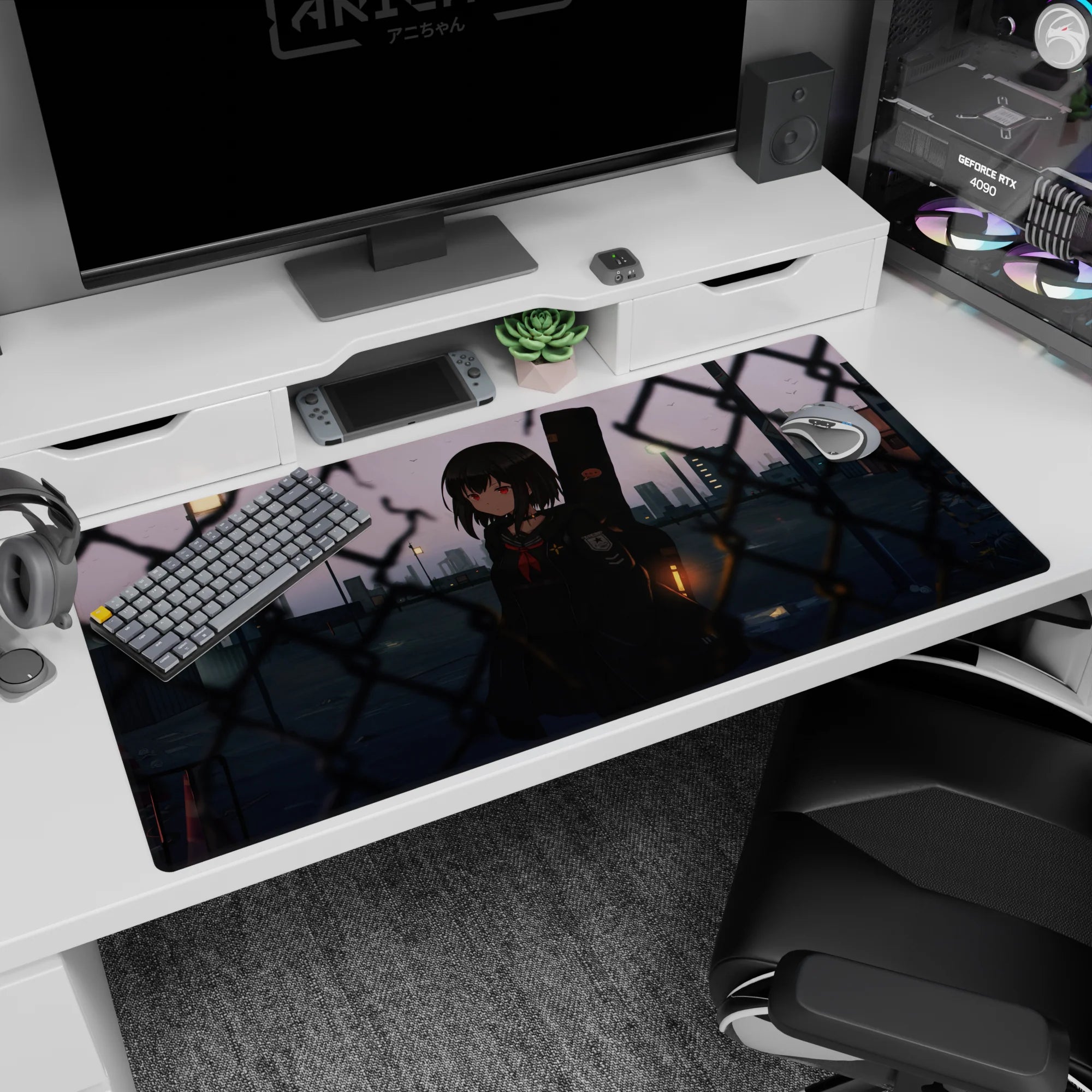 40x20 inches anime girl desk pad showing a red-eyed schoolgirl by a fence at twilight, city skyline behind.